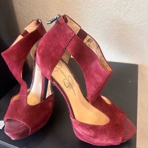 Jessica Simpson Wine Red Suede Cutout Peep-Toe Heels